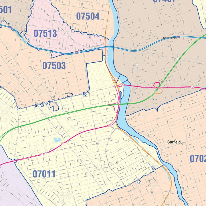 Color Cast Zip Code Style Wall Map of Clifton, NJ