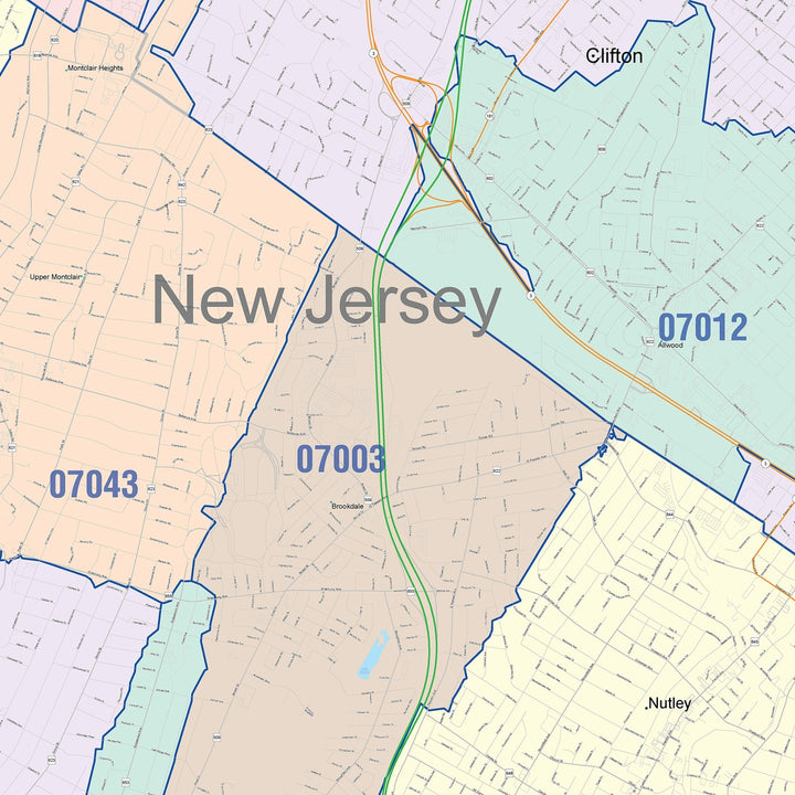 Color Cast Zip Code Style Wall Map of Clifton, NJ