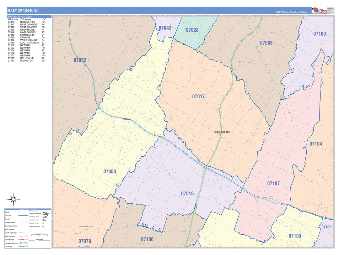 Color Cast Zip Code Style Wall Map of East Orange, NJ