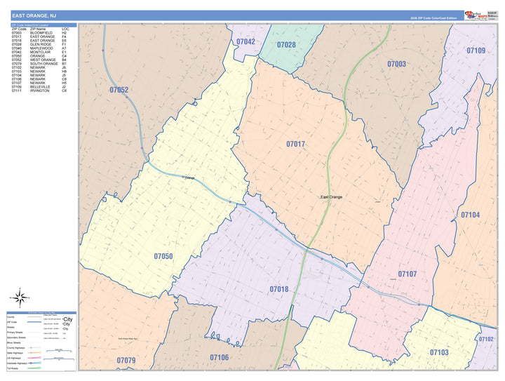Color Cast Zip Code Style Wall Map of East Orange, NJ