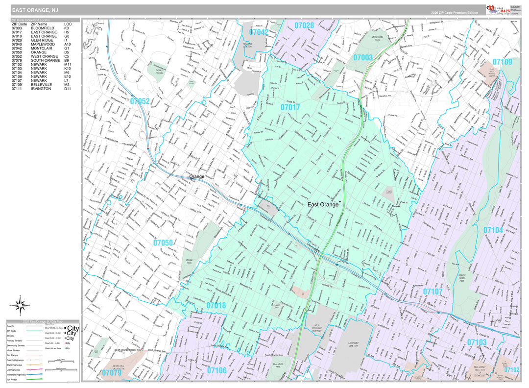 Premium Style Wall Map of East Orange, NJ