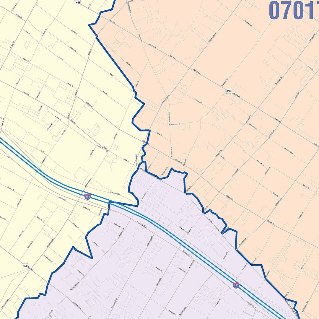 Color Cast Zip Code Style Wall Map of East Orange, NJ