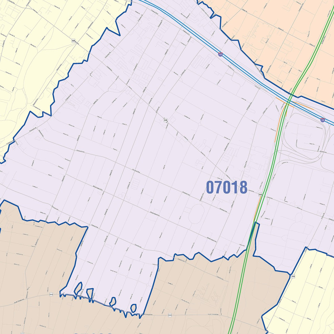 Color Cast Zip Code Style Wall Map of East Orange, NJ