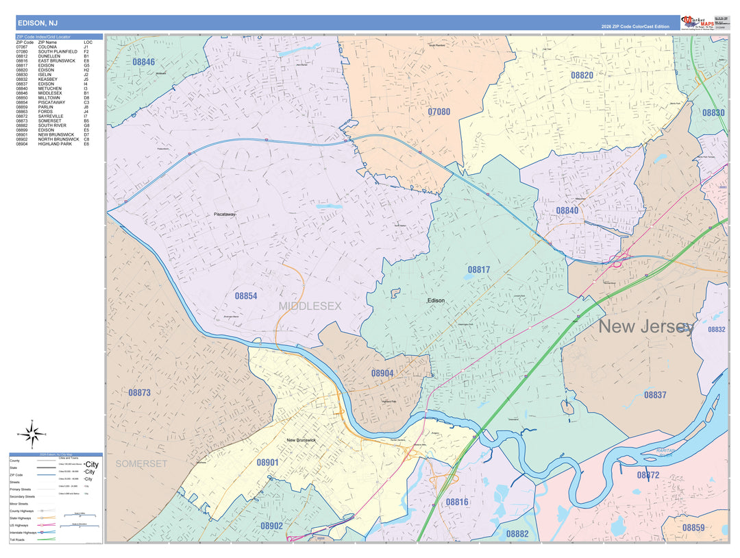 Color Cast Zip Code Style Wall Map of Edison, NJ