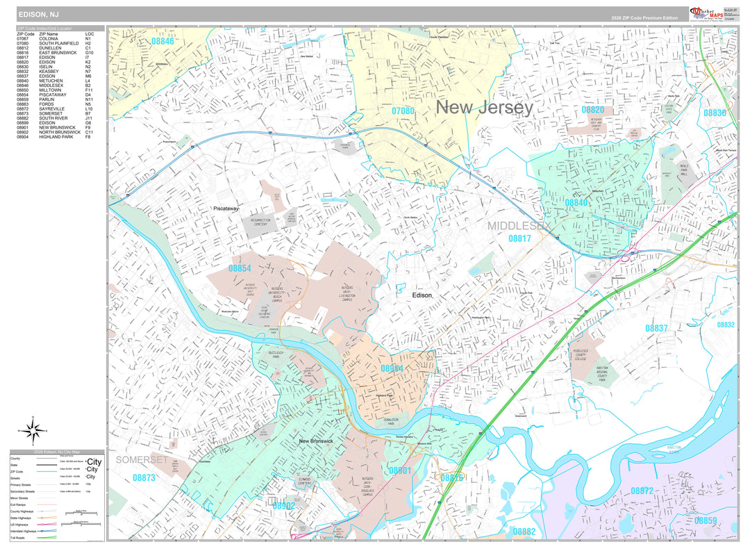 Premium Style Wall Map of Edison, NJ