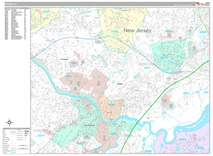 Premium Style Wall Map of Edison, NJ