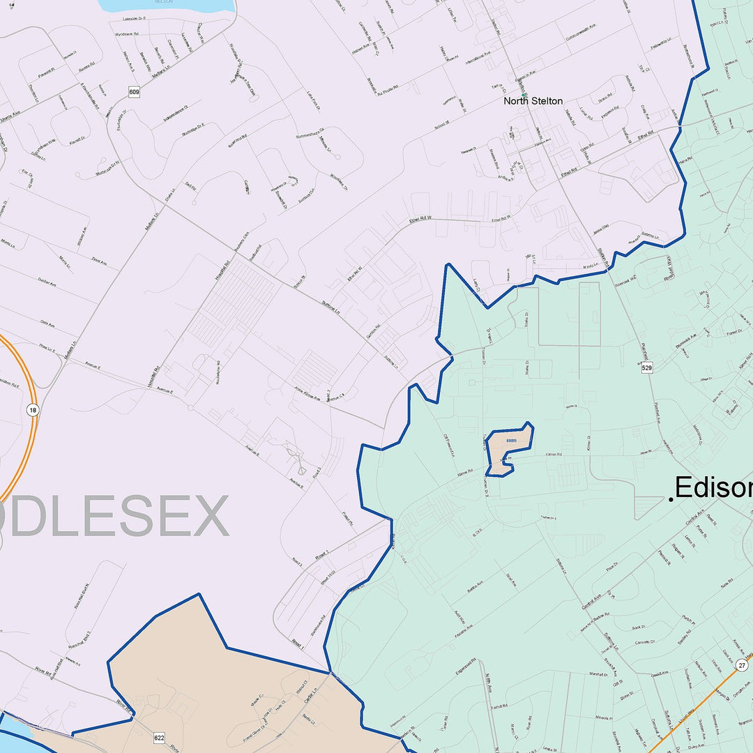 Color Cast Zip Code Style Wall Map of Edison, NJ