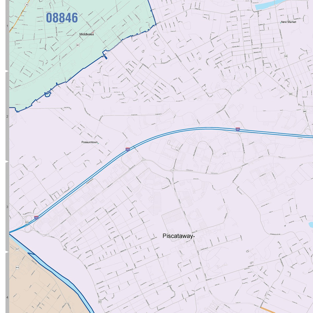Color Cast Zip Code Style Wall Map of Edison, NJ