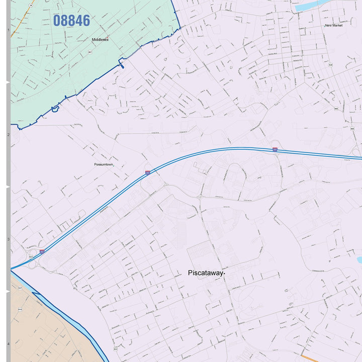 Color Cast Zip Code Style Wall Map of Edison, NJ