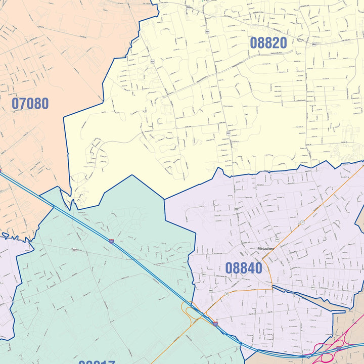 Color Cast Zip Code Style Wall Map of Edison, NJ