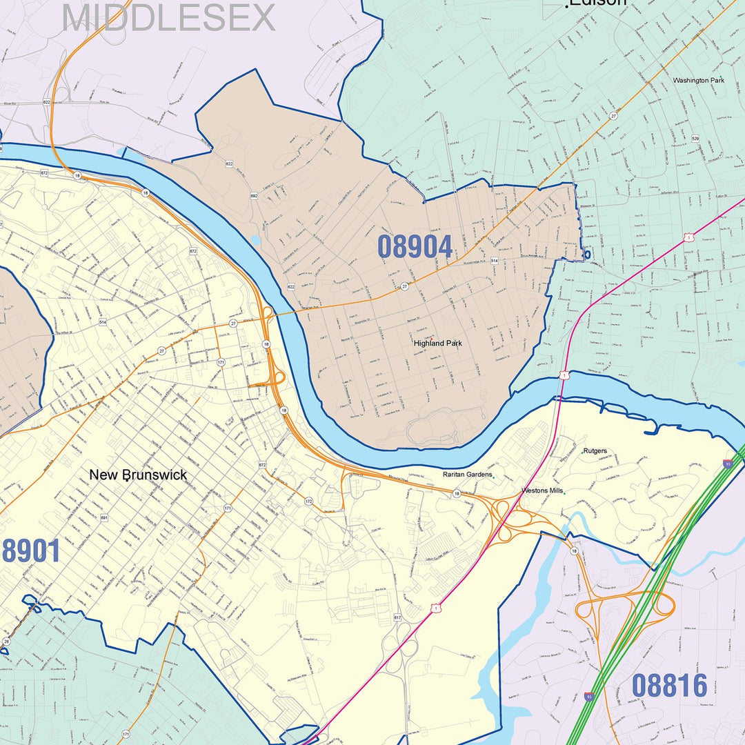 Color Cast Zip Code Style Wall Map of Edison, NJ