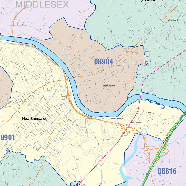 Color Cast Zip Code Style Wall Map of Edison, NJ