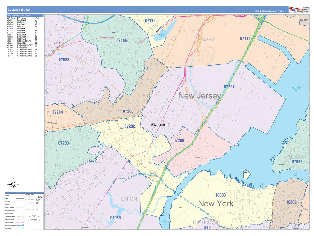 Color Cast Zip Code Style Wall Map of Elizabeth, NJ