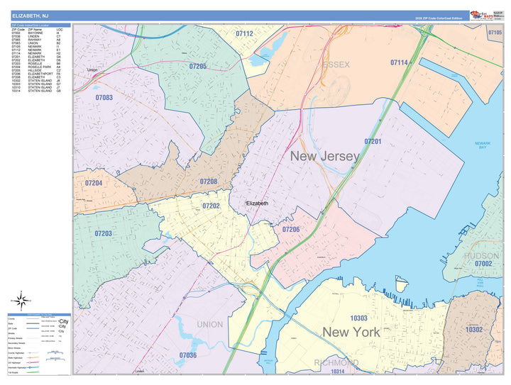 Color Cast Zip Code Style Wall Map of Elizabeth, NJ