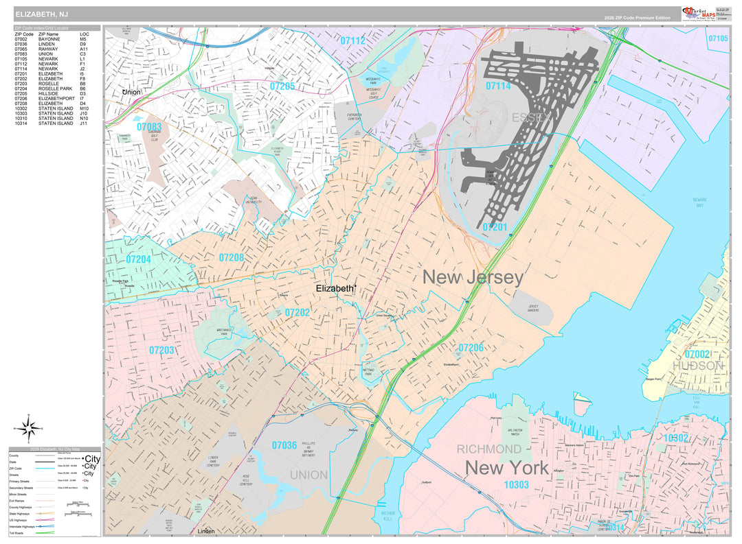 Premium Style Wall Map of Elizabeth, NJ