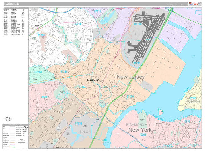 Premium Style Wall Map of Elizabeth, NJ