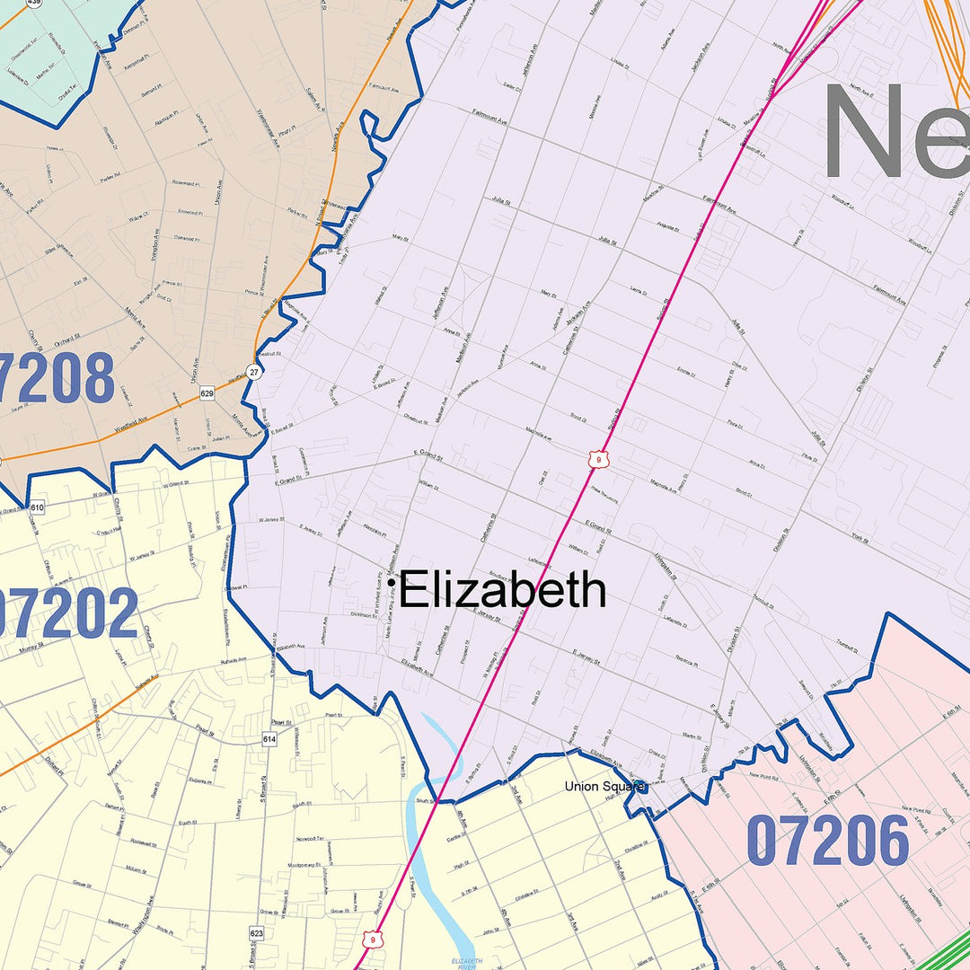 Color Cast Zip Code Style Wall Map of Elizabeth, NJ