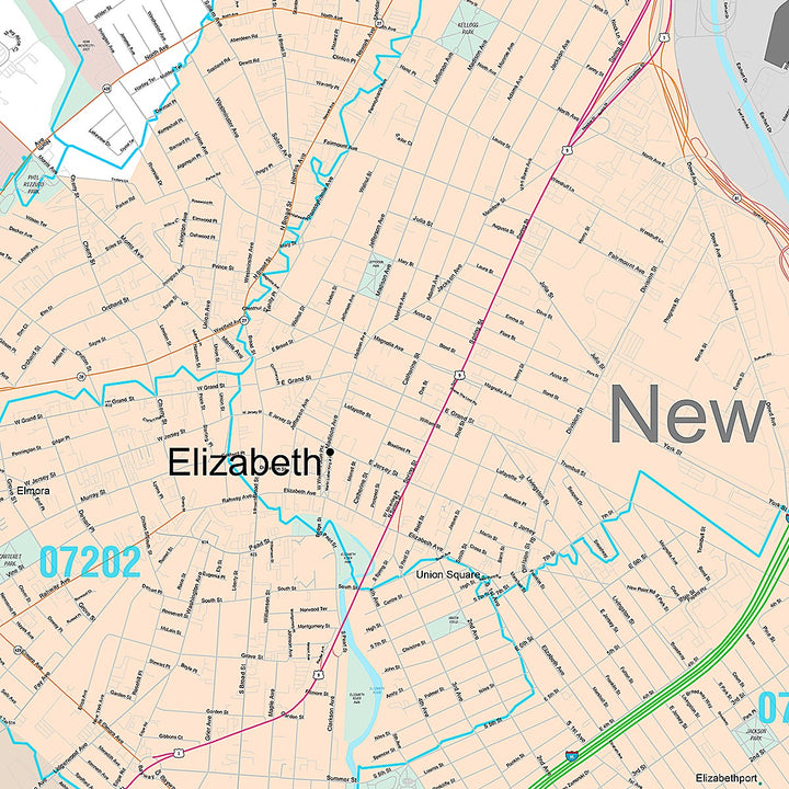 Premium Style Wall Map of Elizabeth, NJ