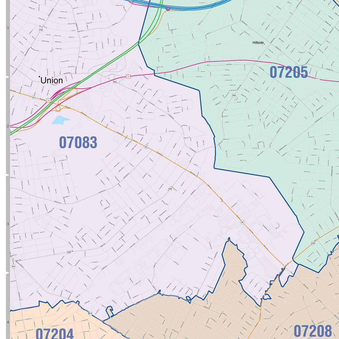 Color Cast Zip Code Style Wall Map of Elizabeth, NJ