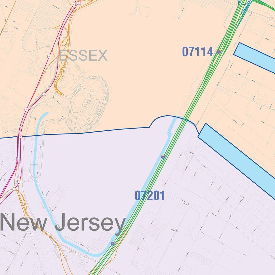 Color Cast Zip Code Style Wall Map of Elizabeth, NJ