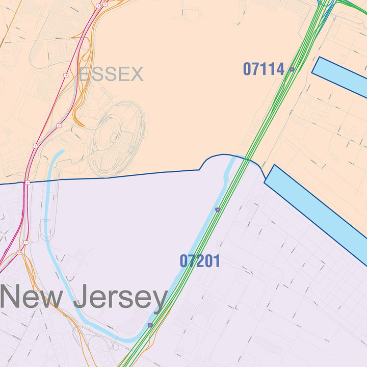 Color Cast Zip Code Style Wall Map of Elizabeth, NJ