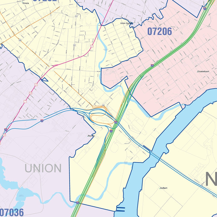 Color Cast Zip Code Style Wall Map of Elizabeth, NJ