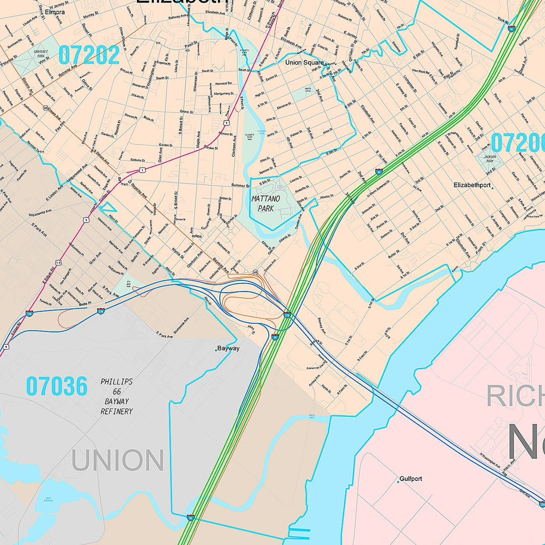Premium Style Wall Map of Elizabeth, NJ
