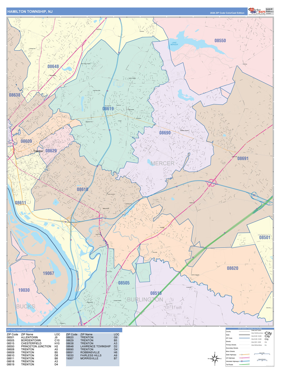 Color Cast Zip Code Style Wall Map of Hamilton, NJ
