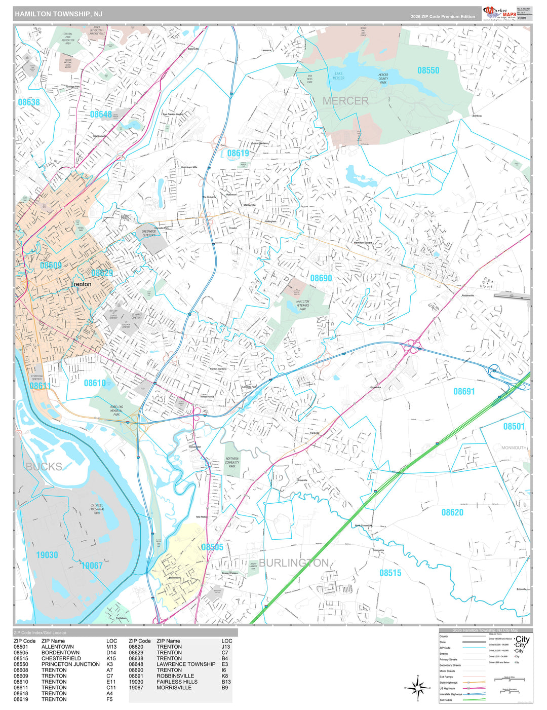 Premium Style Wall Map of Hamilton, NJ