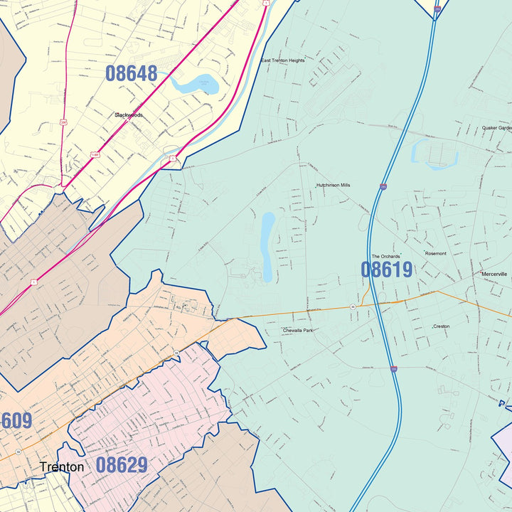 Color Cast Zip Code Style Wall Map of Hamilton, NJ