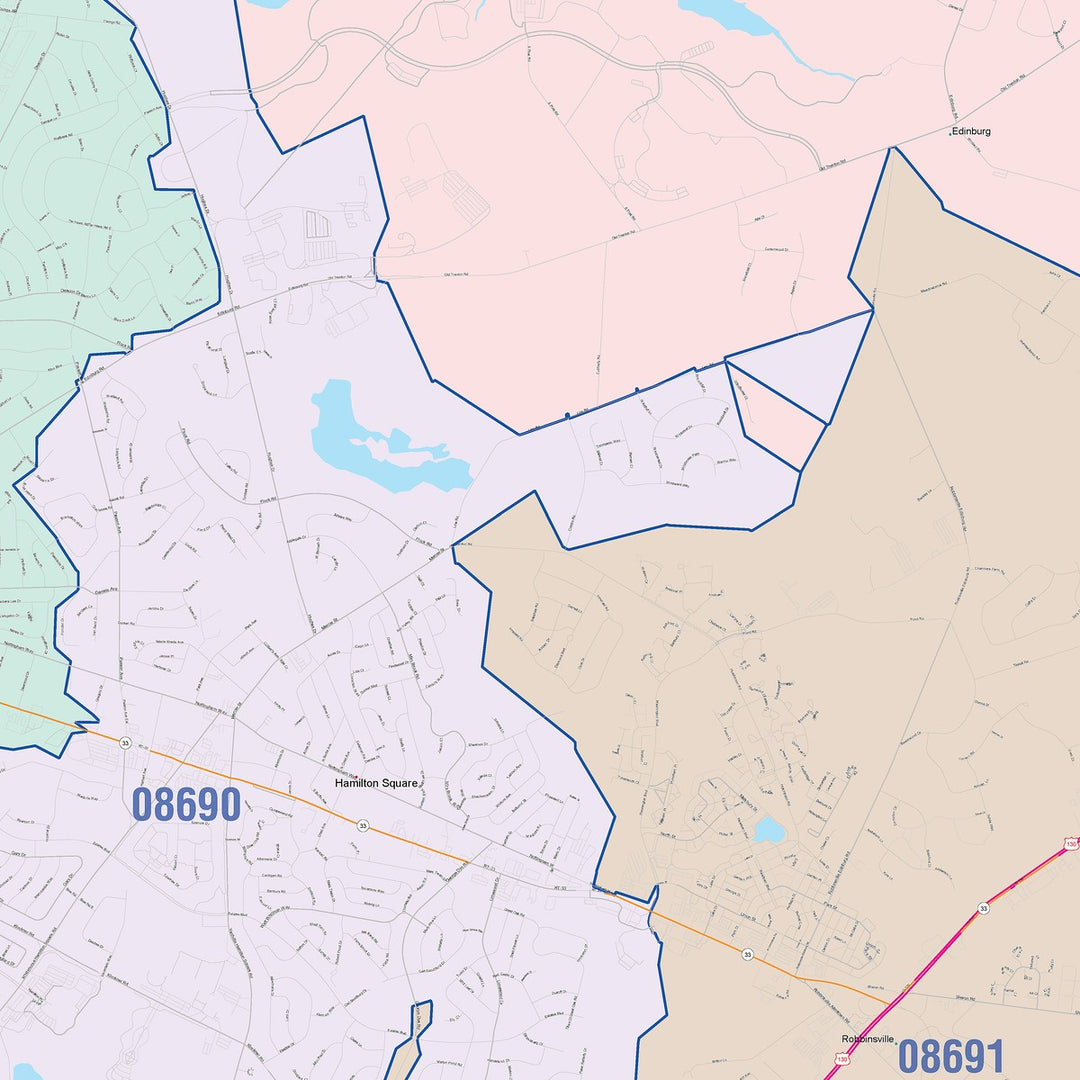 Color Cast Zip Code Style Wall Map of Hamilton, NJ