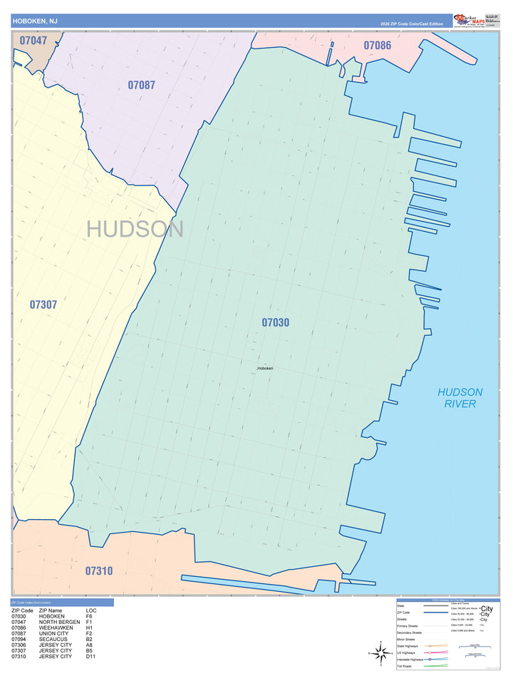 Color Cast Zip Code Style Wall Map of Hoboken, NJ