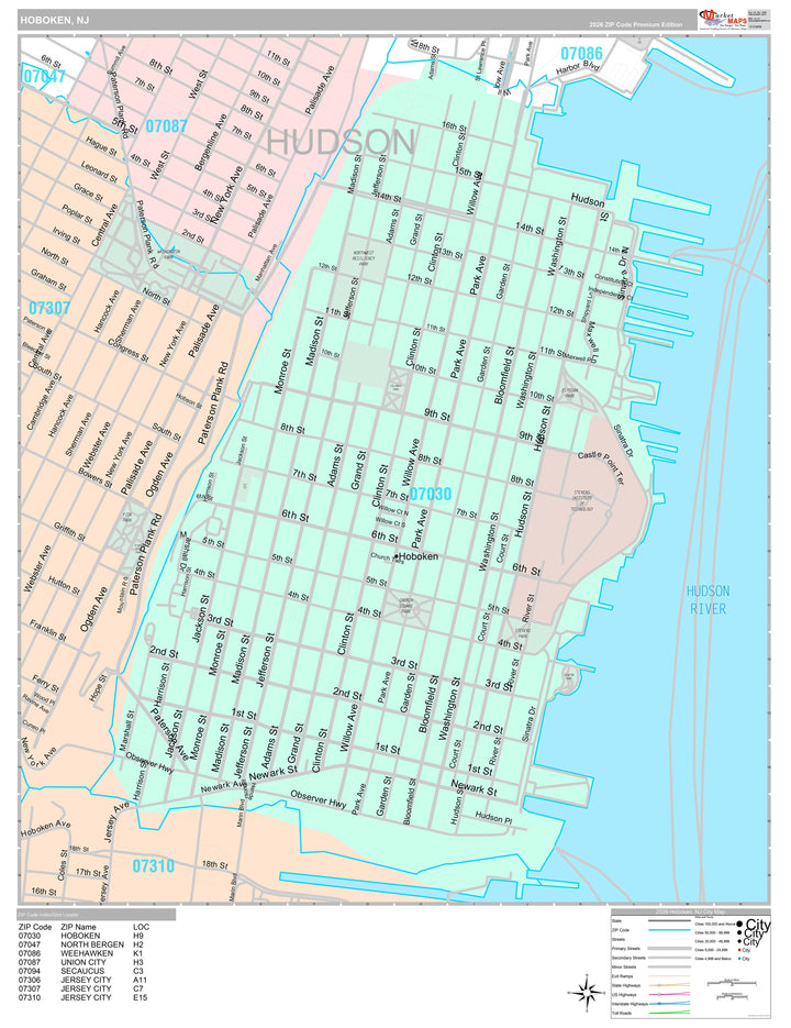 Premium Style Wall Map of Hoboken, NJ