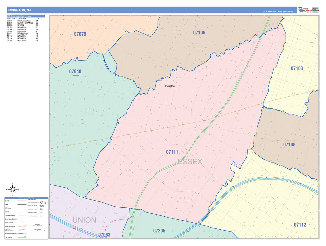 Color Cast Zip Code Style Wall Map of Irvington, NJ