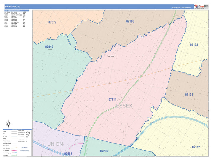 Color Cast Zip Code Style Wall Map of Irvington, NJ