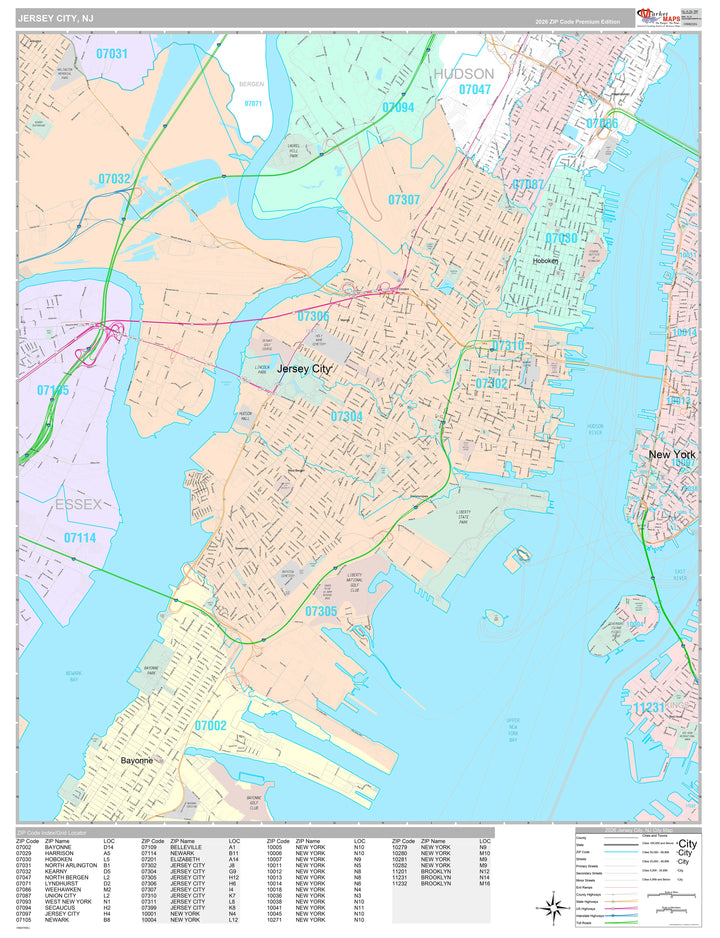 Premium Style Wall Map of Jersey City, NJ
