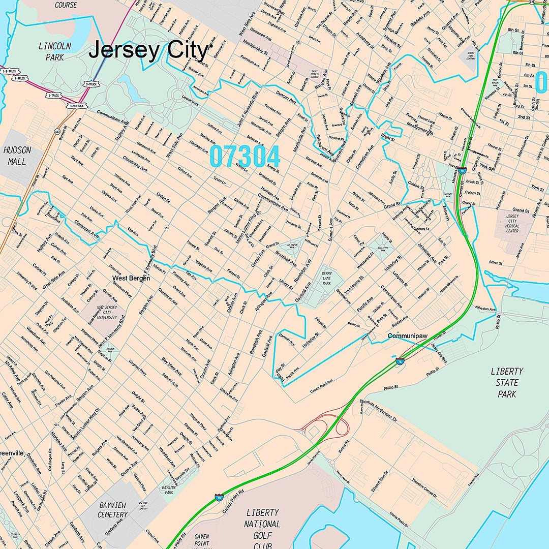 Premium Style Wall Map of Jersey City, NJ