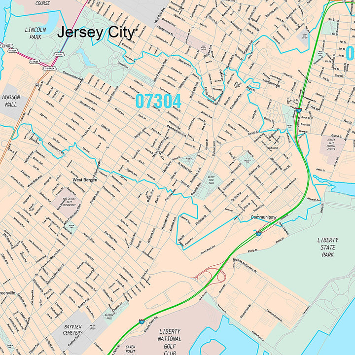 Premium Style Wall Map of Jersey City, NJ