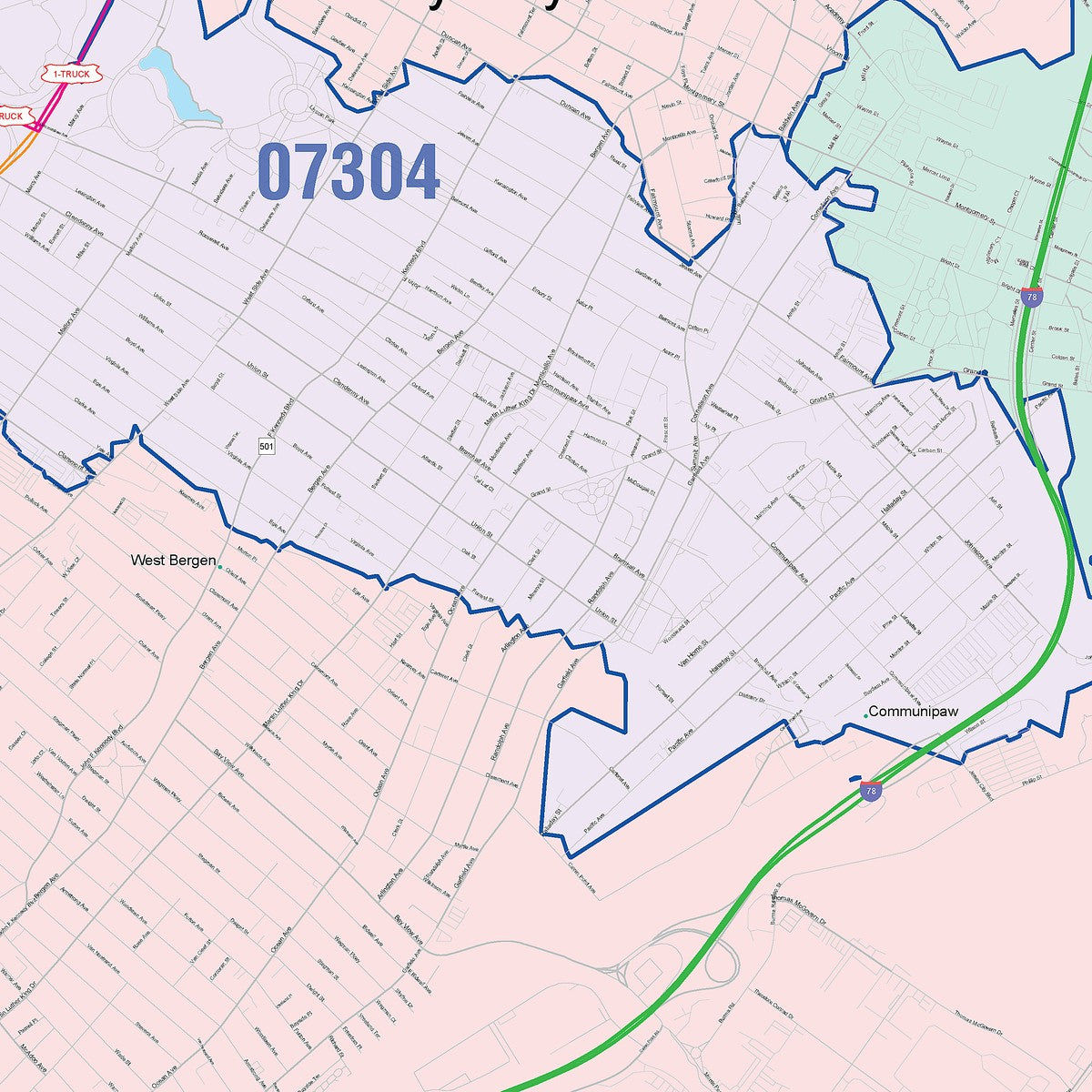 Colorcast Zip Code Style Wall Map of Jersey City, NY – American