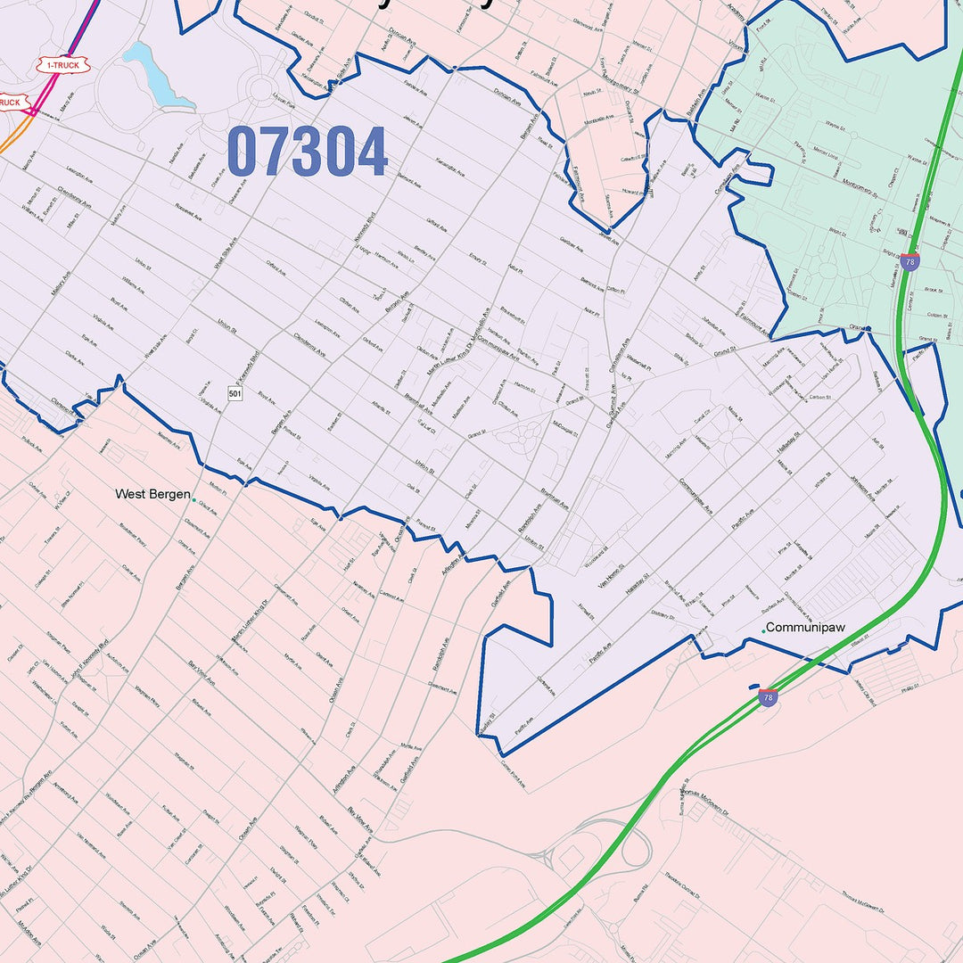 Colorcast Zip Code Style Wall Map of Jersey City, NY – American Map Store