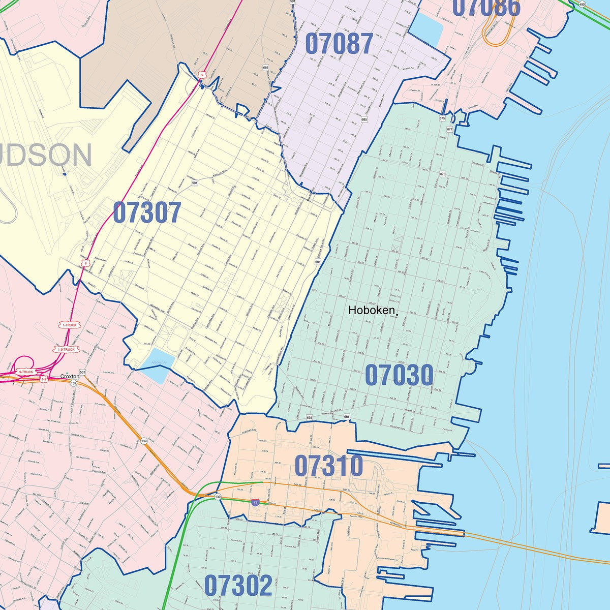 Colorcast Zip Code Style Wall Map of Jersey City, NY – American