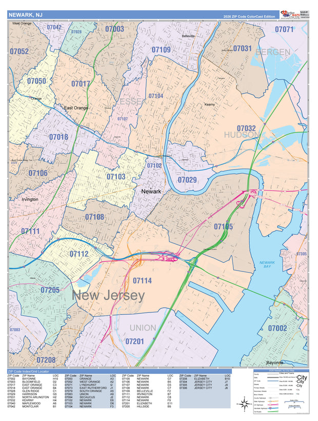Colorcast Zip Code Style Wall Map of Newark NJ – American Map Store