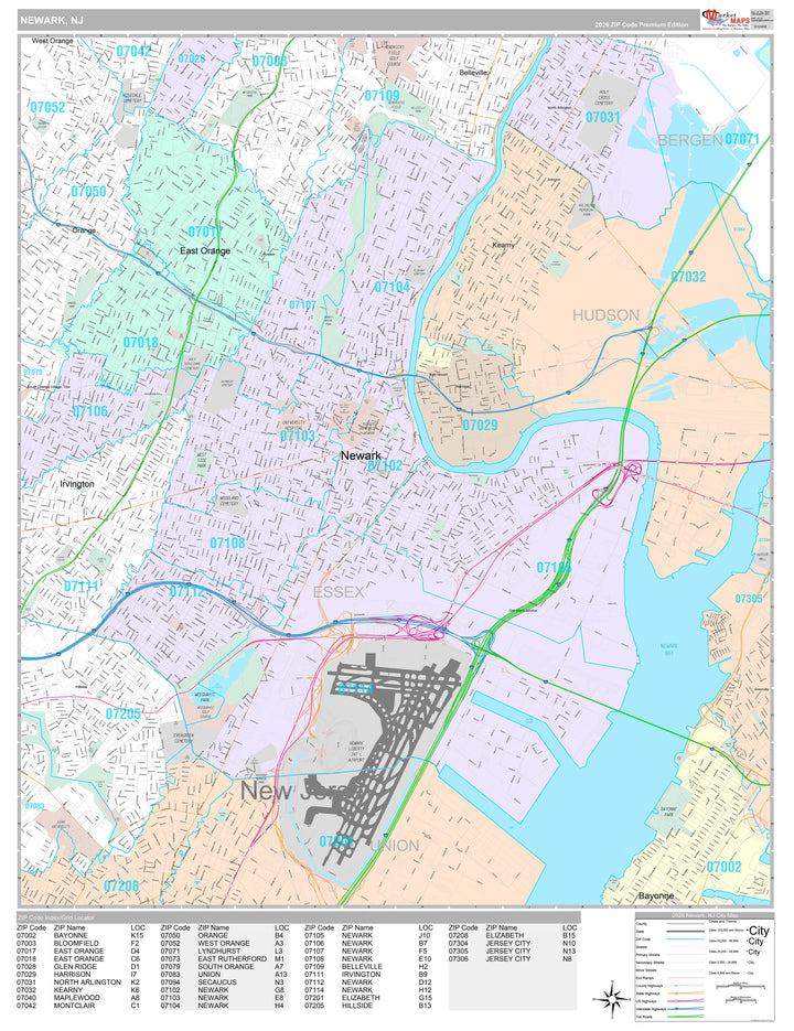 Premium Style Wall Map of Newark, NJ