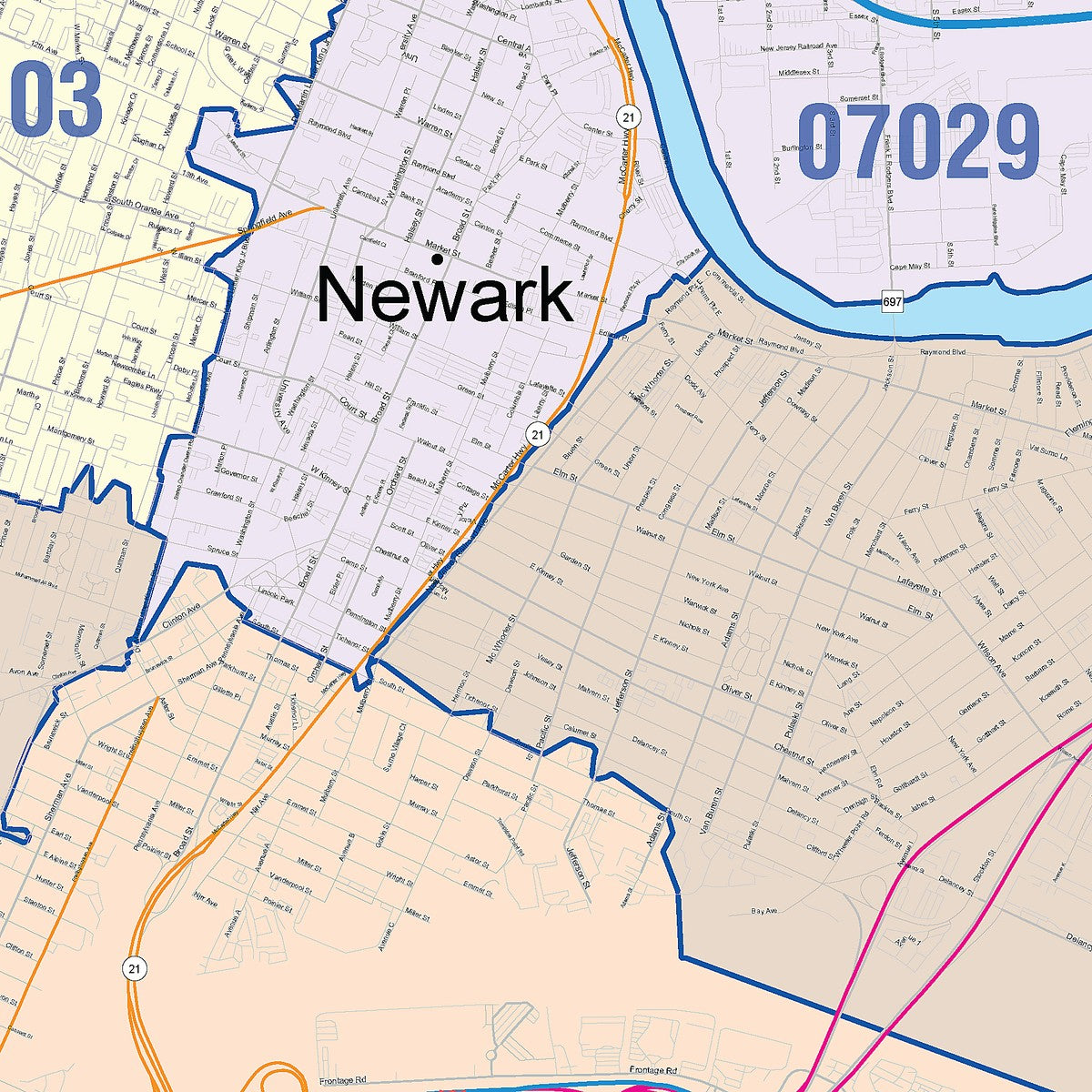 Colorcast Zip Code Style Wall Map of Newark, NJ – American Map Store
