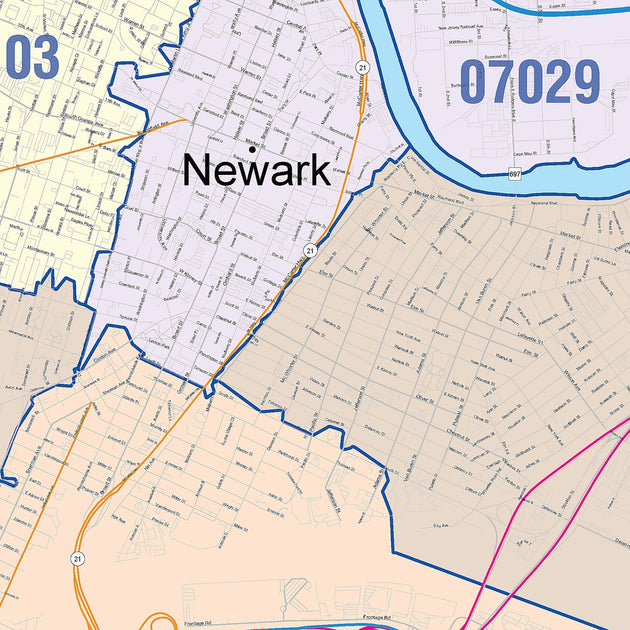 Colorcast Zip Code Style Wall Map of Newark NJ – American Map Store