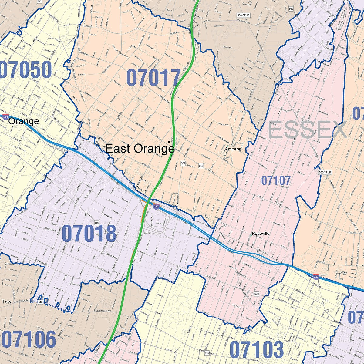 Colorcast Zip Code Style Wall Map of Newark, NJ – American Map Store