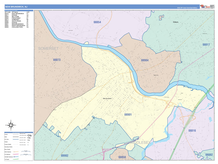 Color Cast Zip Code Style Wall Map of New Brunswick, NJ