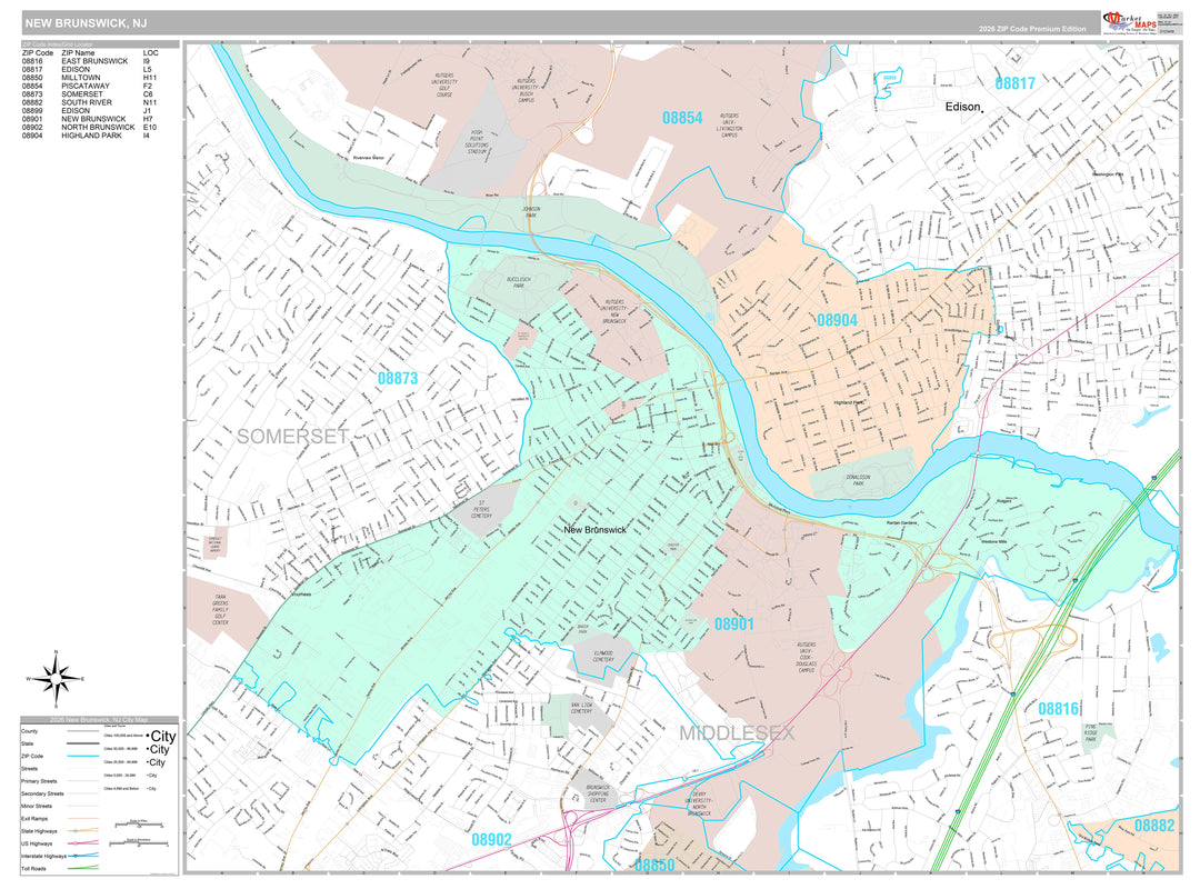 Premium Style Wall Map of New Brunswick, NJ