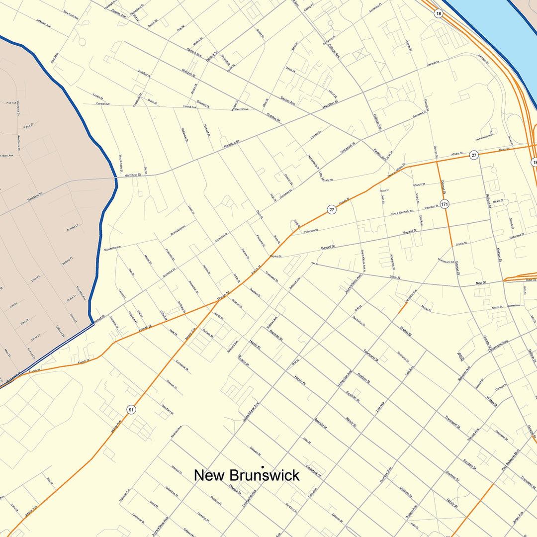 Color Cast Zip Code Style Wall Map of New Brunswick, NJ