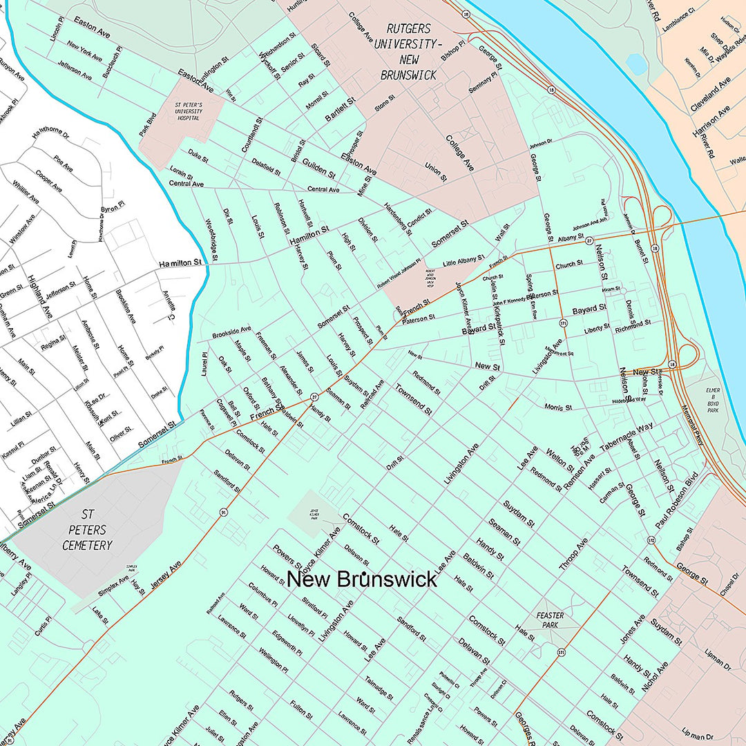 Premium Style Wall Map of New Brunswick, NJ